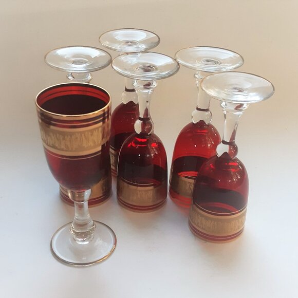VTG Wine/Sherry Cordial Glasses Ruby Red Gilded with Clear Stem 1950s Set of 6 - Picture 4 of 12